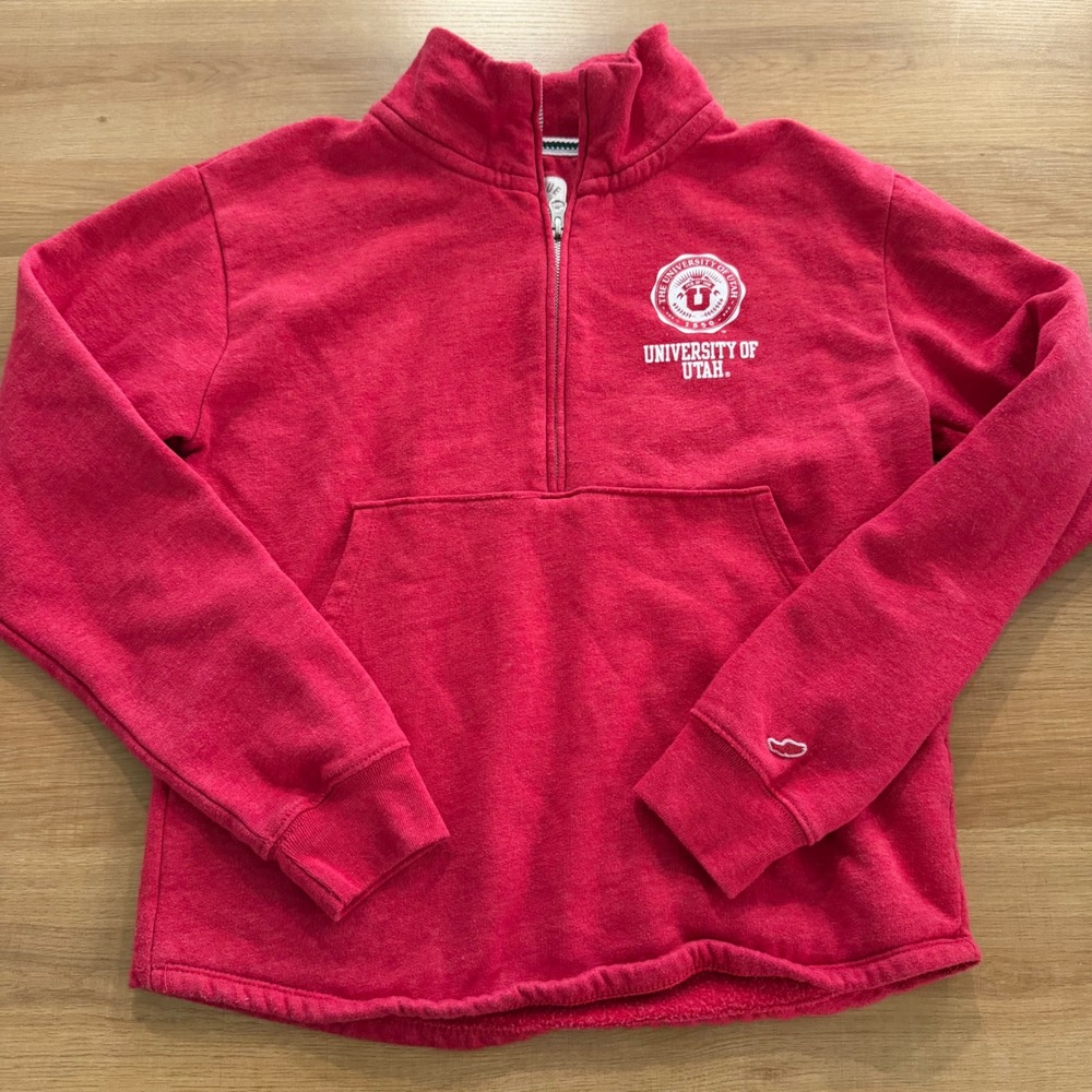 League University of Utah Utes Quarter Zip Pullover Sweatshirt Red Womens Medium